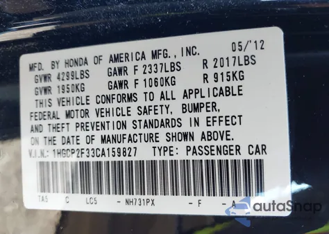 2012 Honda Accord 2.4 Lx z USA, uszkodzony, nr VIN 1HGCP2F33CA159827